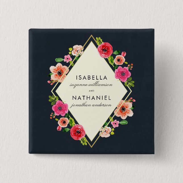 Elegantt bröllop för ram för vattenfärgblommor | knapp (Framsida)