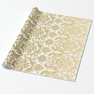 Elegantt damastast mönster för guld och för vit presentpapper