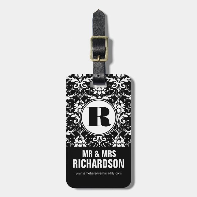 Elegantt damastast mönster Herr och Fru Monogram Bagagebricka (Vertikal Framsida)