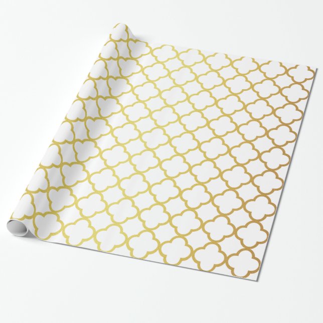 Elegantt guld och vit geometriska Quatrefoil Presentpapper (Utrullad)