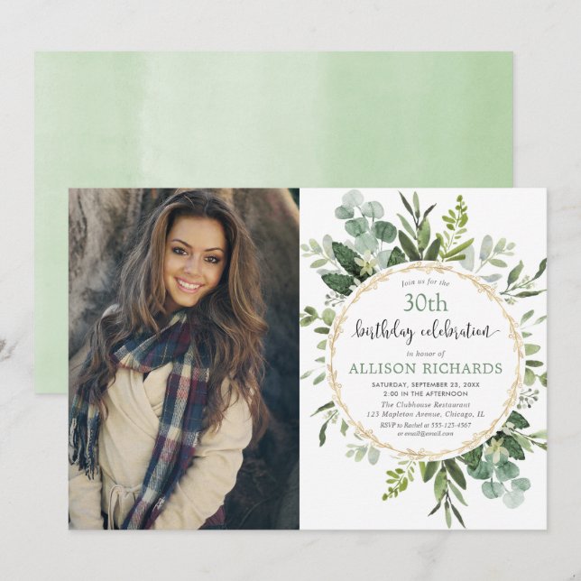 Elegantt guld och vuxet födelsedagfoto för inbjudningar (Fram/baksida)