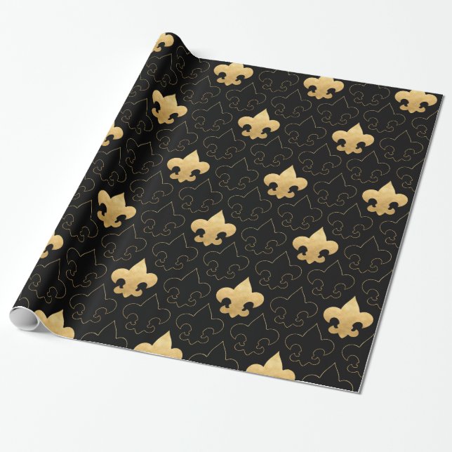 Elegantt guld & svart Fleur De Lis Wrapping papper Presentpapper (Utrullad)