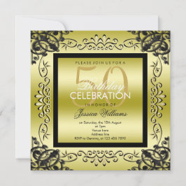 Elegantt guld & svart kvinna 50th födelsedag inbjudningar