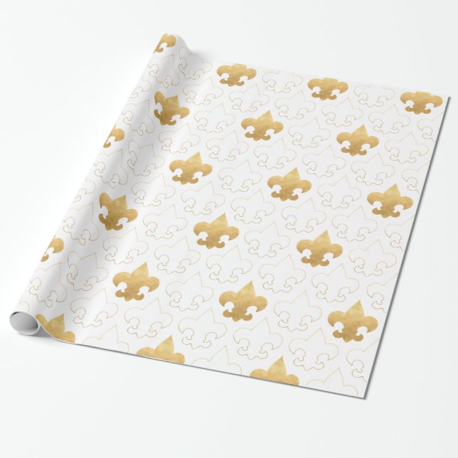 Elegantt guld & Vit Fleur De Lis Wrapping papper Presentpapper (Utrullad)