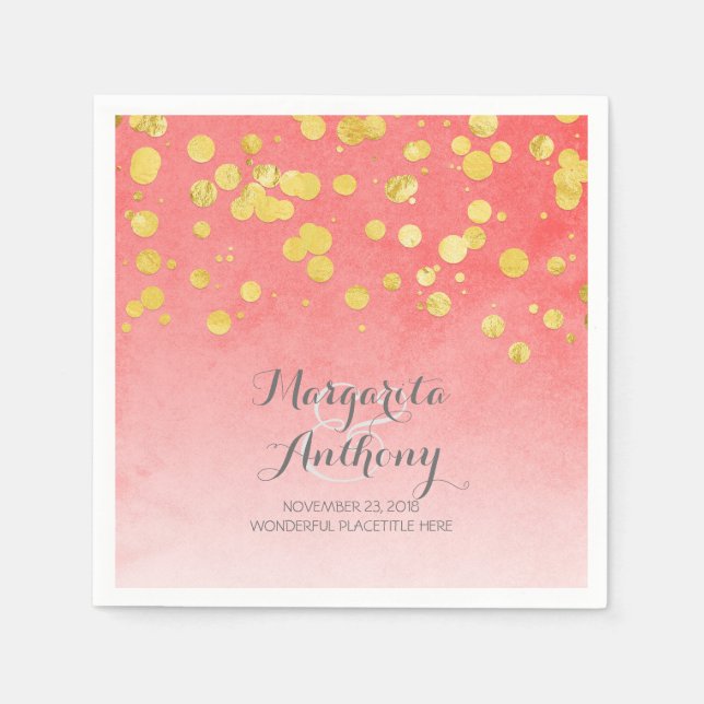 Elegantt korall- och guldbröllop pappersservett (Framsidan)