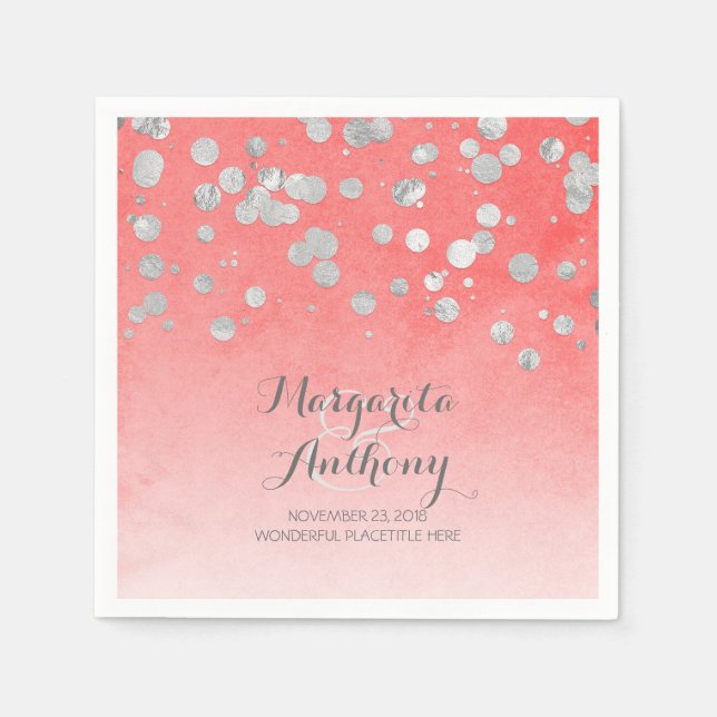 Elegantt korall- och silverbröllop pappersservett (Framsidan)