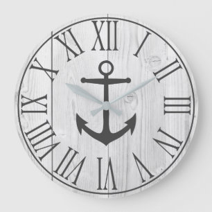 Elegantt nautiskt Fauxvitträ & grått ankrar Stor Klocka