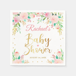 Elegantt rosa blom- guld skrivar baby showerpapper pappersservett