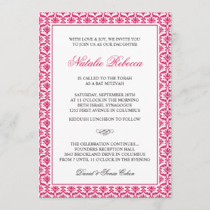 Elegantt rosa damastast bat mitzvah inbjudningar