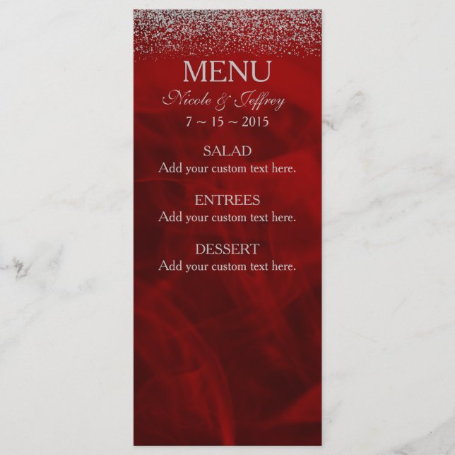 Elegantt silverglitter på röd bröllopmeny meny (Framsida)