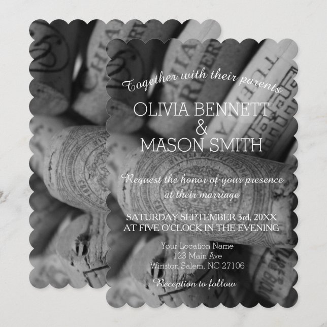 Elegantt svartvitt kort för vinkorkbröllop (Fram/baksida)