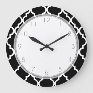 Elegantt svartvitt Quatrefoil mönster Stor Klocka