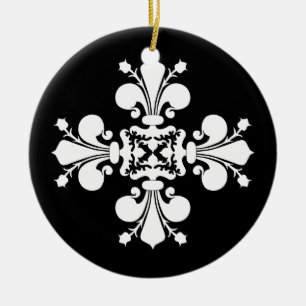 Elegantt vit fleur de lis damastmotiv julgransprydnad keramik