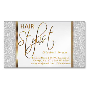 Elegantt vitglitter och guld - hårstylist visitkortmagnet