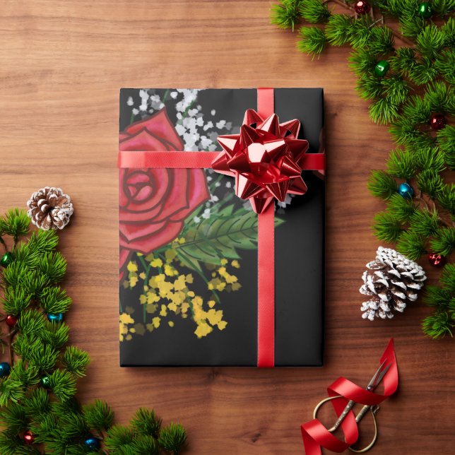 Elegent Red Roses Yellow White Flowers Watercolor Presentpapper (Julgåva)