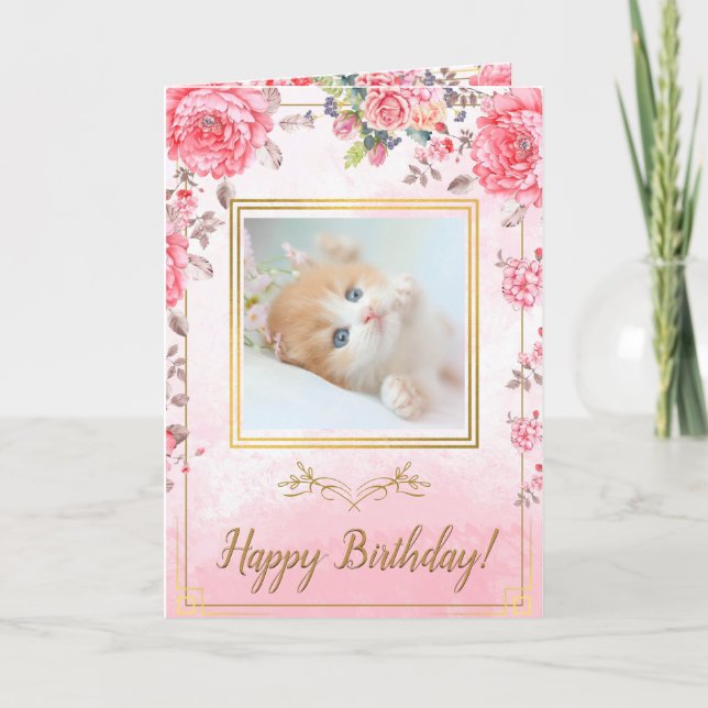Elegent Rosa ros Cute Golden Kitten Birthday Kort (Framsida)