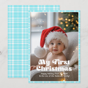 Elektrisk Blå Gingham Min Första Jul Bebis Julkort