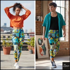 Elektrisk blå gul folkkonst quilt leggings