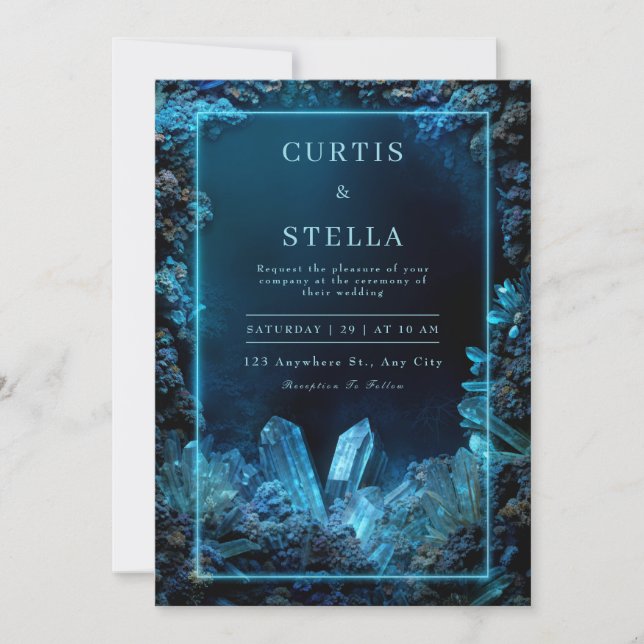 Elektrisk Blå Kristall Neon Kant Ram Bröllop Inbjudningar (Framsida)