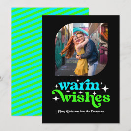 Elektrisk blå och neongrön retro julfotografi julkort