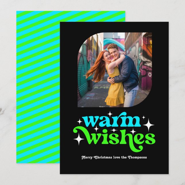 Elektrisk blå och neongrön retro julfotografi julkort (Fram/baksida)