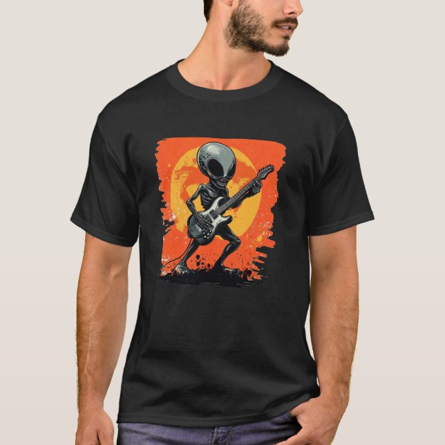 Elektrisk Gitarr Jammar Alien för Rock och Ufologi T Shirt (Framsida)