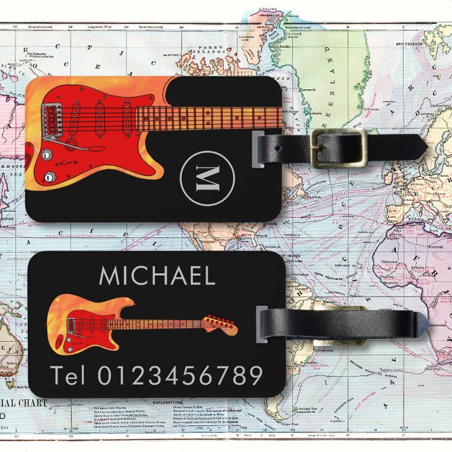 elektrisk gitarr-personlig bagagebricka (Fire electric guitar black personalized monogram travel luggage tag)