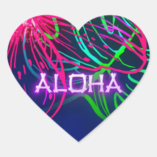 Elektrisk Luau Tropisk Natt Neon Aloha Fest Hjärtformat Klistermärke