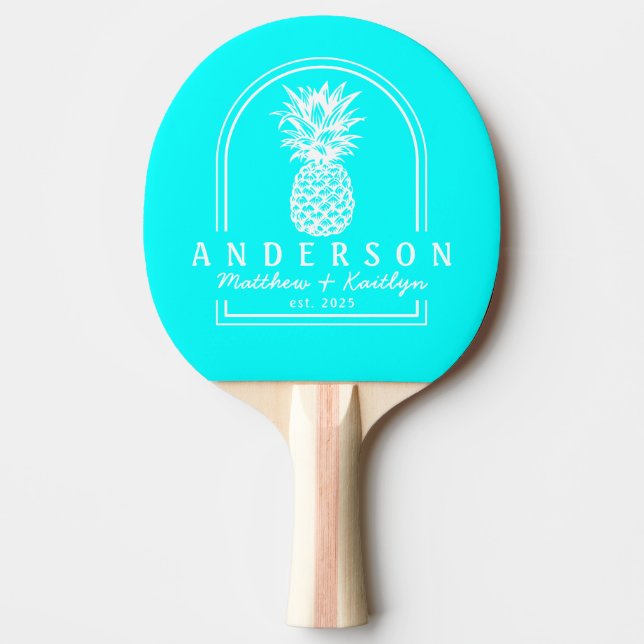 Elektrisk Retro Cyan Ananas Bröllopsbåge & Namn Pingisracket (Framsidan)