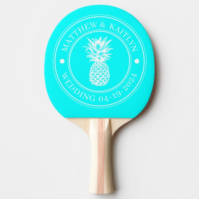 Elektrisk Retro Cyan Ananas Bröllopskrön & Namn Pingisracket (Framsidan)