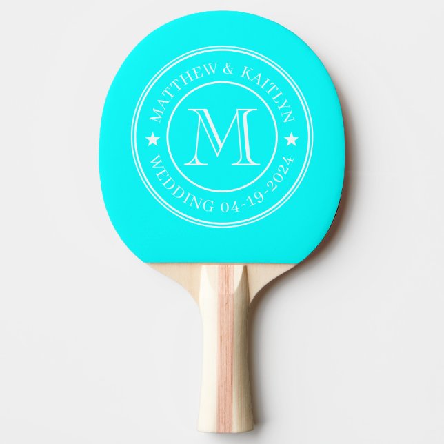 Elektrisk Retro Cyan Bröllopsmonogram Stjärna Pingisracket (Framsidan)