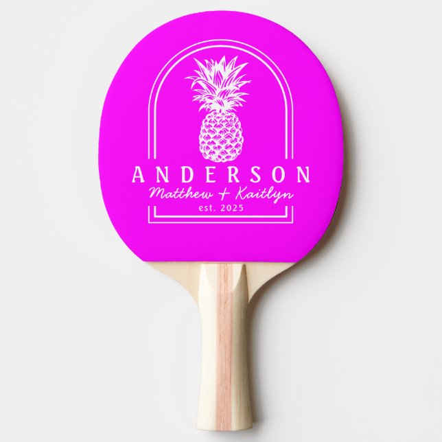 Elektrisk Retro Rosa Ananas Bröllopsbåge & Namn Pingisracket (Framsidan)