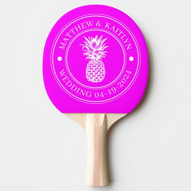 Elektrisk Retro Rosa Ananas Bröllopskrön & Namn Pingisracket (Framsidan)