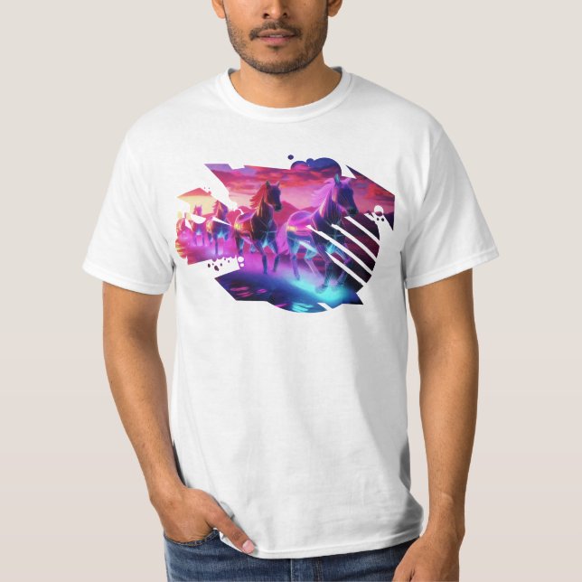 Elektriska besättningar - Synthwave Horses v2 T Shirt (Framsida)