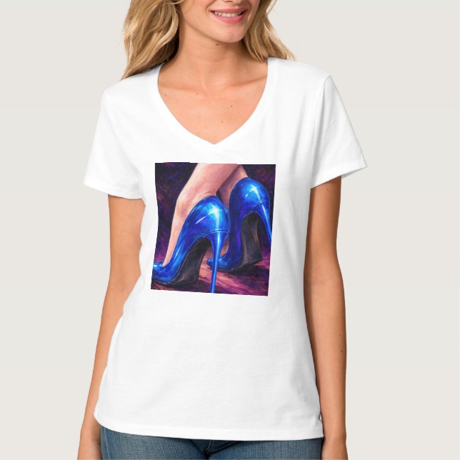Elektriska blå högklackade mode abstrakt målning t shirt (Framsida)