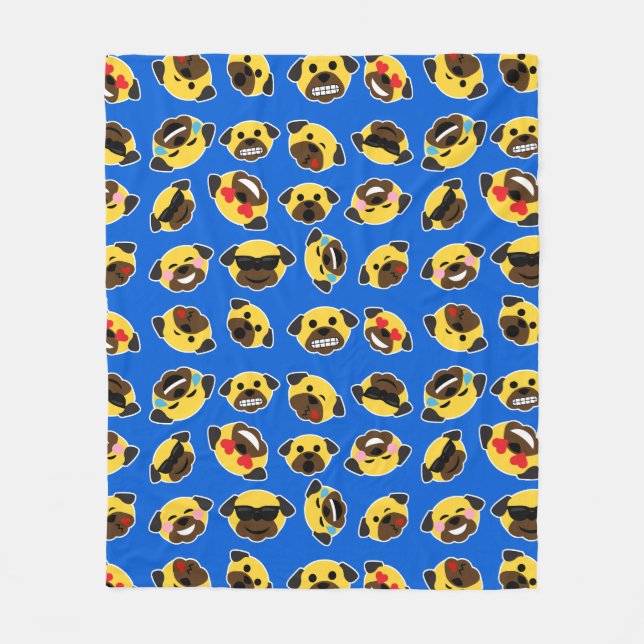 Elektriska blått för Emoji mops Fleecefilt (Framsidan)