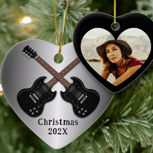 Elektriska gitarrer julfoto hjärta julgransprydnad keramik