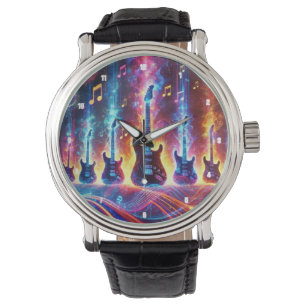 Elektriska gitarrer omgivna av Neon Musik noter Armbandsur