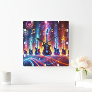 Elektriska gitarrer omgivna av Neon Musik noter Fyrkantig Klocka