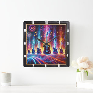 Elektriska gitarrer omgivna av Neon Musik noter Fyrkantig Klocka