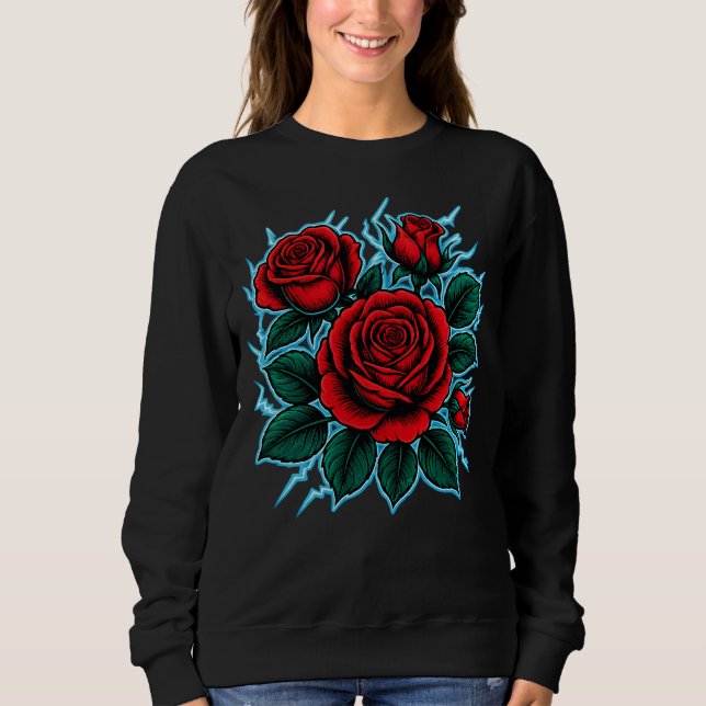 Elektriska Rosor | Röd Ros & Blixt Grafisk Design T Shirt (Framsida)