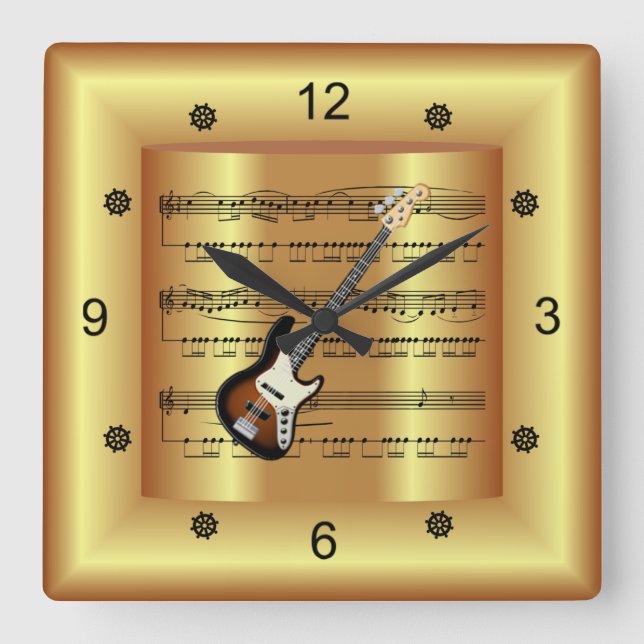 Elektriskt gitarr~kurvstyrd Lakan Music~Guld-bakgr Fyrkantig Klocka (Framsida)