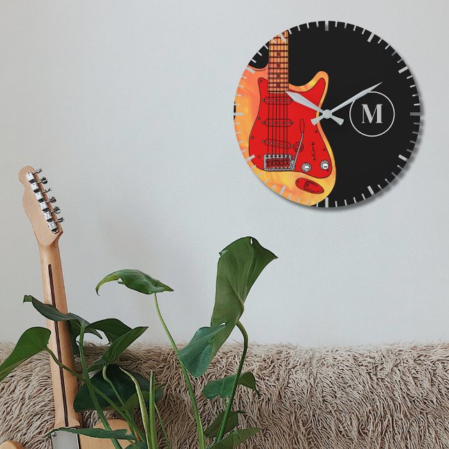 Elektriskt gitarr-personlig stor klocka (Electric guitar monogram black wall clock)