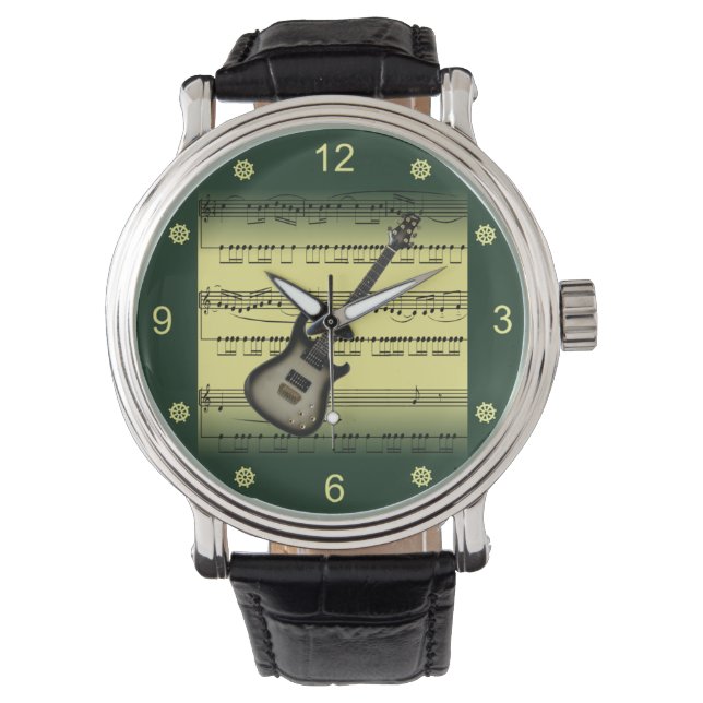 Elektriskt gitarr~Rolled Lakan Music~Guld/Grönt Ba Armbandsur (Framsida)
