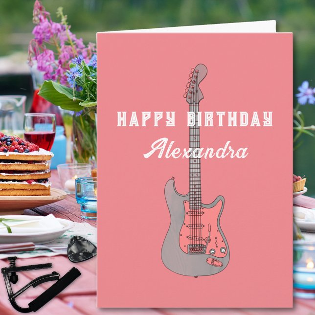 Elektriskt Guitar Rosa Guitarist Girls-födelsedags Kort (Pink electric guitar personalized happy birthday greetings card)