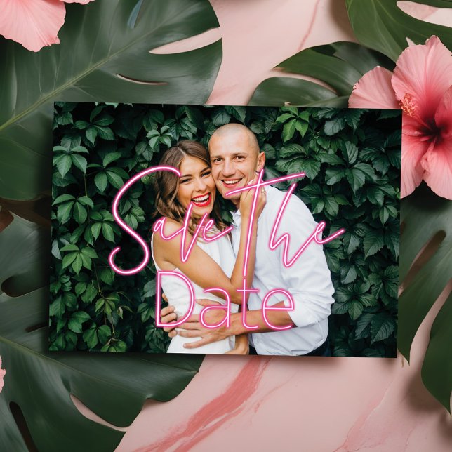 Elektriskt Kärlek Neon Rosa Heart & Typografiskt f Spara Datumet (Electric Love Neon Pink Heart & Typographic Photo Save The Date)