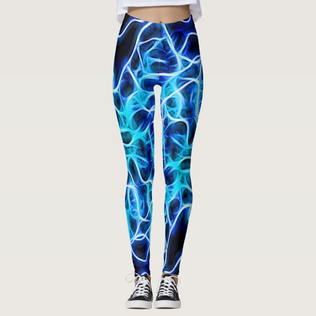 Elektriskt Neon Blue Tesla Coil Lightning Leggings (Framsida)