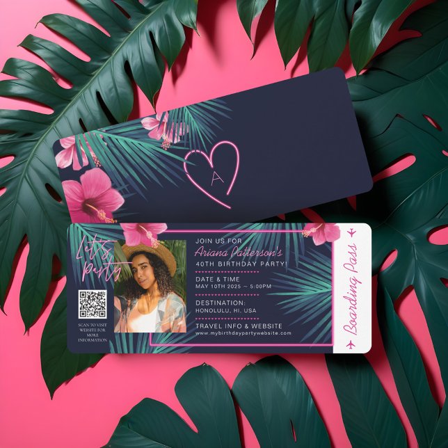 Elektriskt Neon Rosa Tropical Destination Birthday Inbjudningar (Electric Neon Pink Tropical Destination Birthday Invitation)