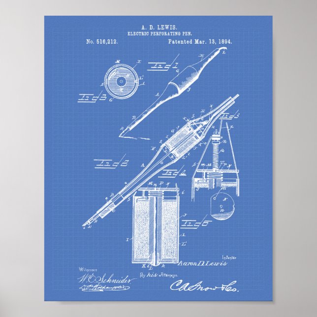 Elektriskt ritstift 1894 Patent Art Blueprint Poster (Framsidan)