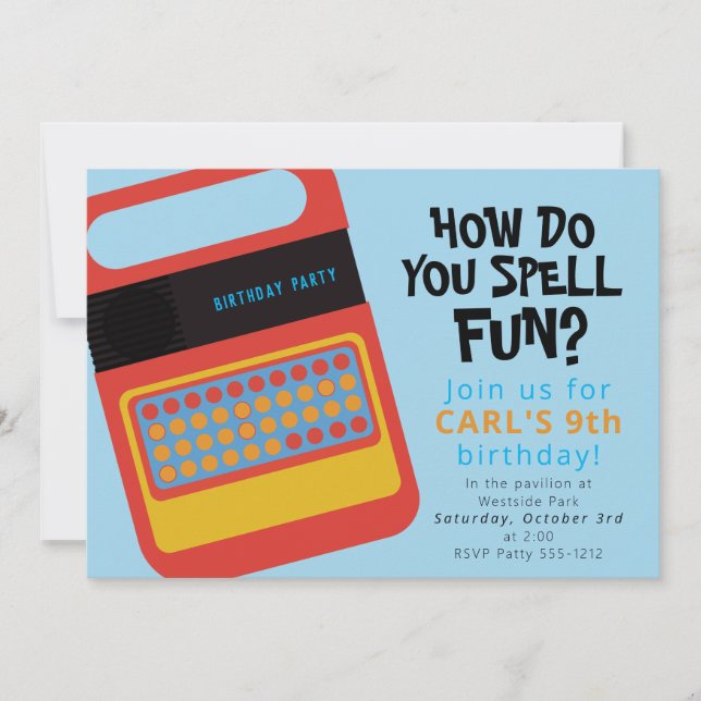 Elektronisk talande och stavande leksak festdesign inbjudningar (Framsida)